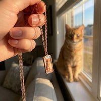 Thumbnail for Customer photo: the rose gold bar necklace with her ginger cat's photo, her cat in the background | SKU: TPH-BARN-ROSEGOLD