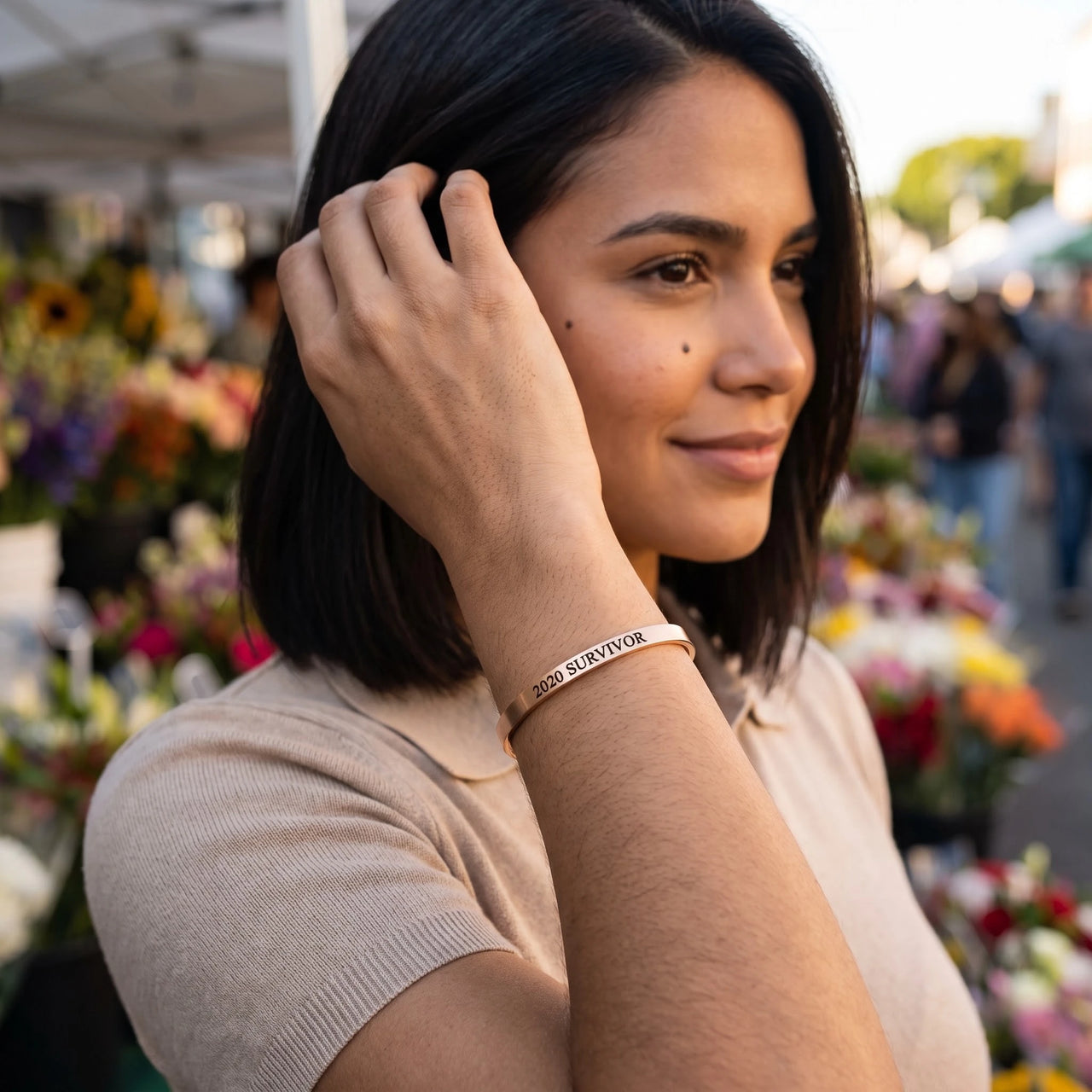 Mantra bracelet — worn, everyday gesture, rose gold | SKU: 2020s-rg