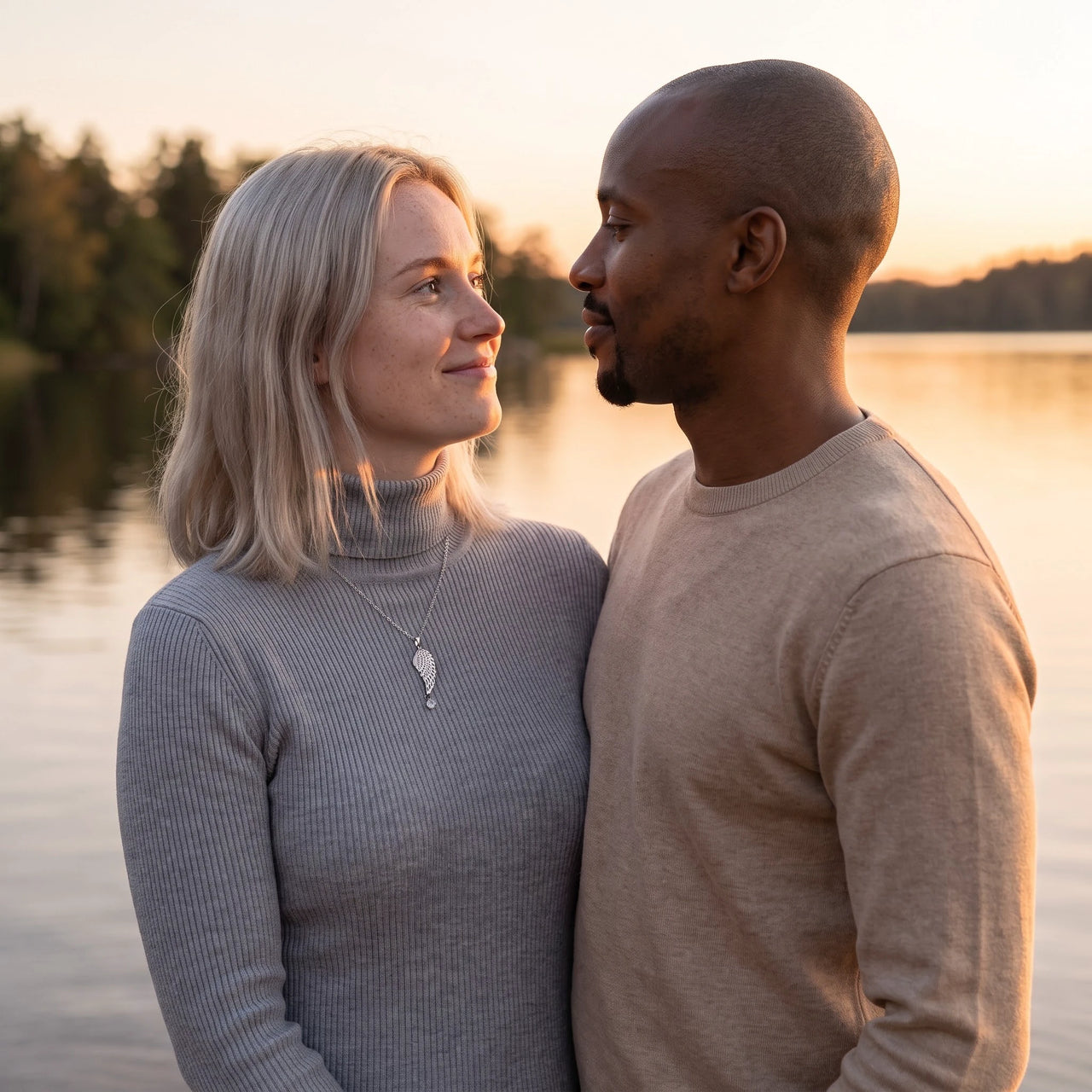Woman wearing the silver necklace with her partner | SKU: 42005-silver