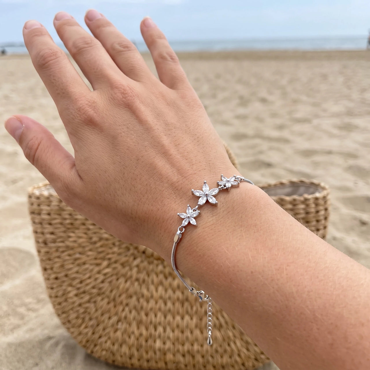 Crystal bracelet — worn, real size, silver | SKU: 422177-white-gold-XS-S