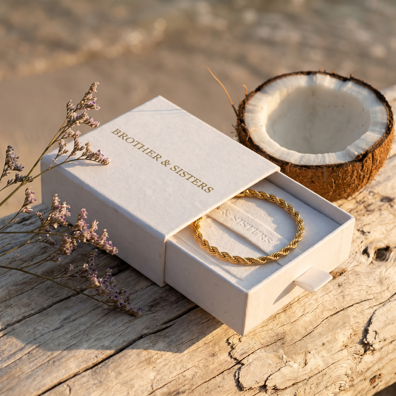 Bold Rope Anklet in Brother & Sisters gift box on beach