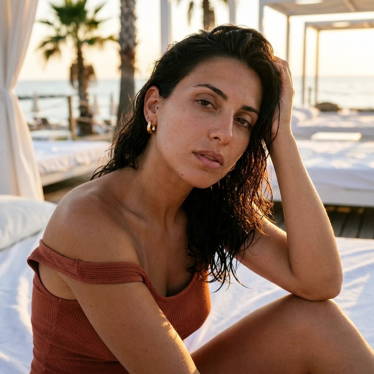 Chunky Dome Hoops in Gold, worn at a beach club at sunset | SKU: 41005-gold