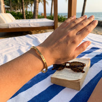 Thumbnail for Gold engraved cuff bracelet worn, showing its real size | SKU: 4214557-gold-color