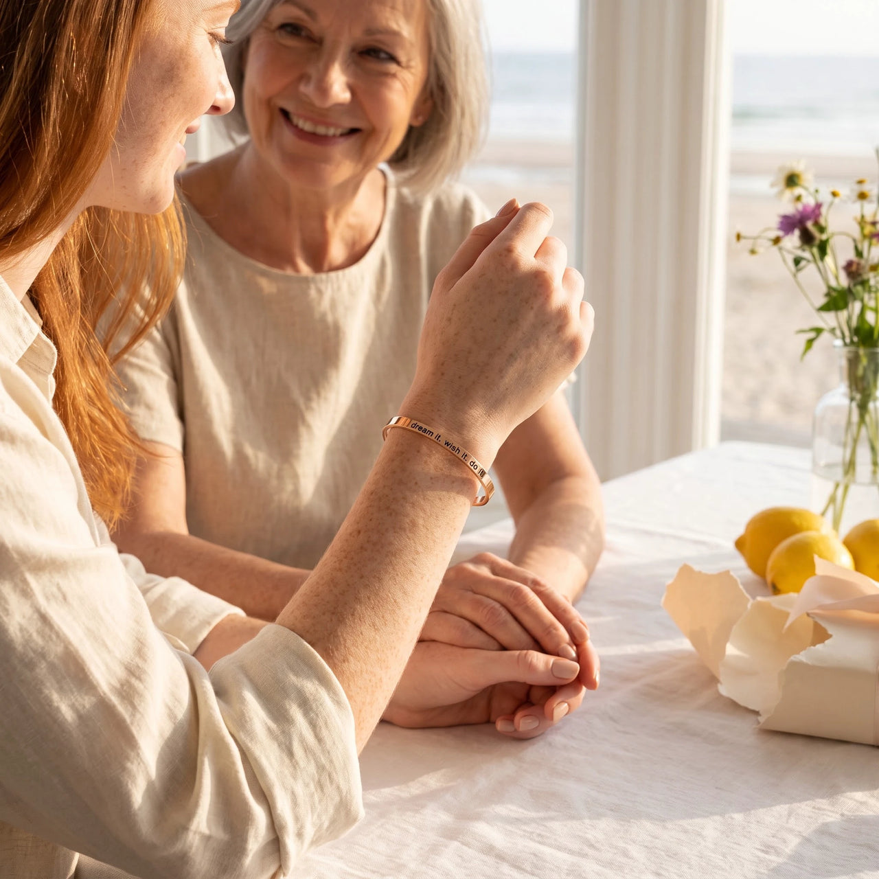 Rose gold engraved cuff bracelet offered as a gift between mother and daughter | SKU: 4214557-imitation-rhodium-plated