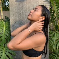 Thumbnail for Rose gold engraved cuff bracelet worn in a tropical outdoor shower | SKU: 4214557-imitation-rhodium-plated
