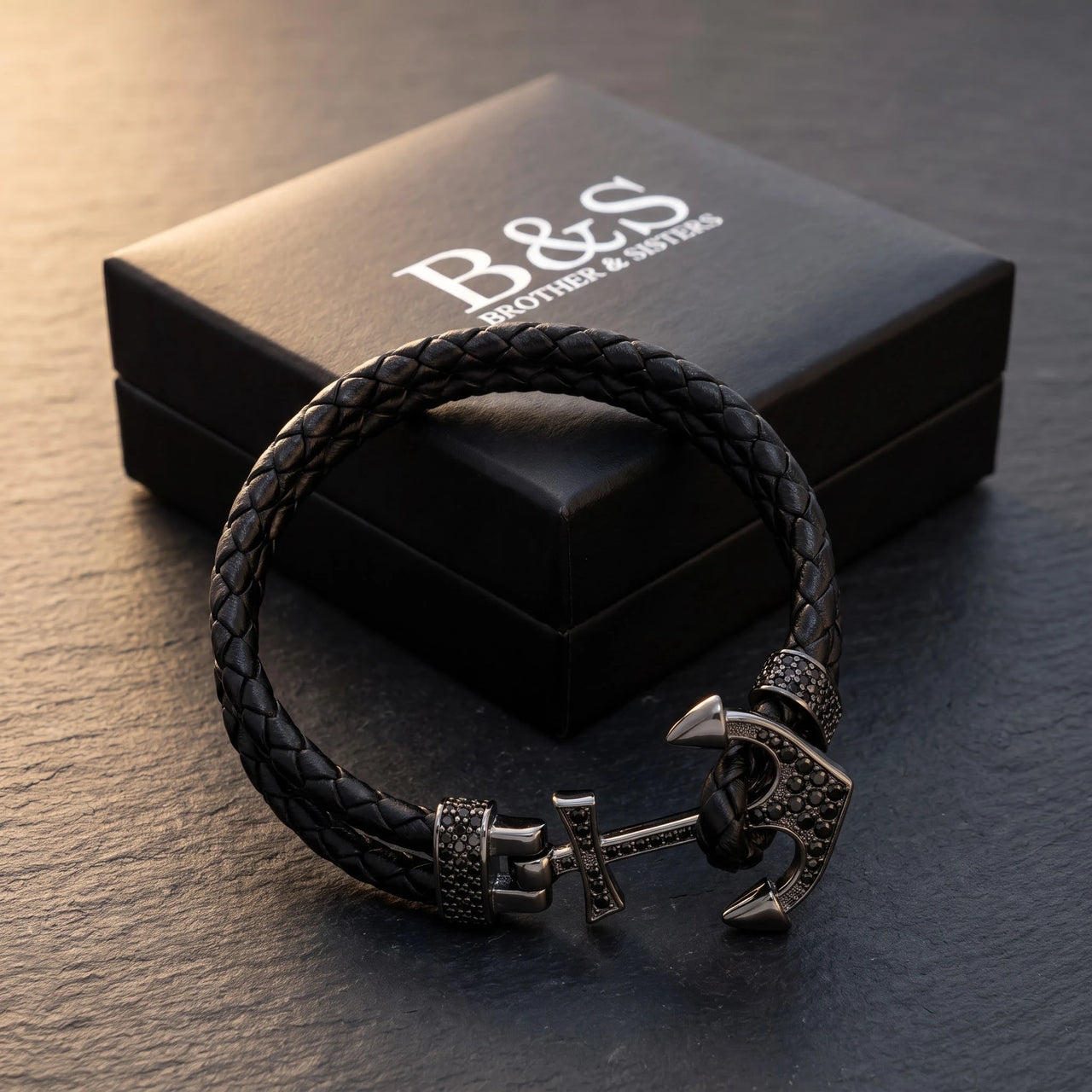 Black Anchor Bracelet – in its Brother & Sisters gift box | Brother & Sisters | SKU: 3621358-gun-black-XS-14-15, 3621358-gun-black-S-16-17, 3621358-gun-black-M-18-19, 3621358-gun-black-L-20-21, 3621358-gun-black-XL-22-23