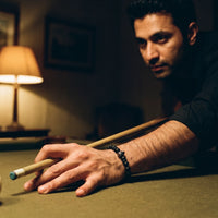 Thumbnail for Black Lion & Black Stones Bracelet – worn while playing billiards | Brother & Sisters | SKU: 20712286-gun-black-XS-14-15, 20712286-gun-black-S-16-17, 20712286-gun-black-M-18-19, 20712286-gun-black-L-20-21, 20712286-gun-black-XL-22-23