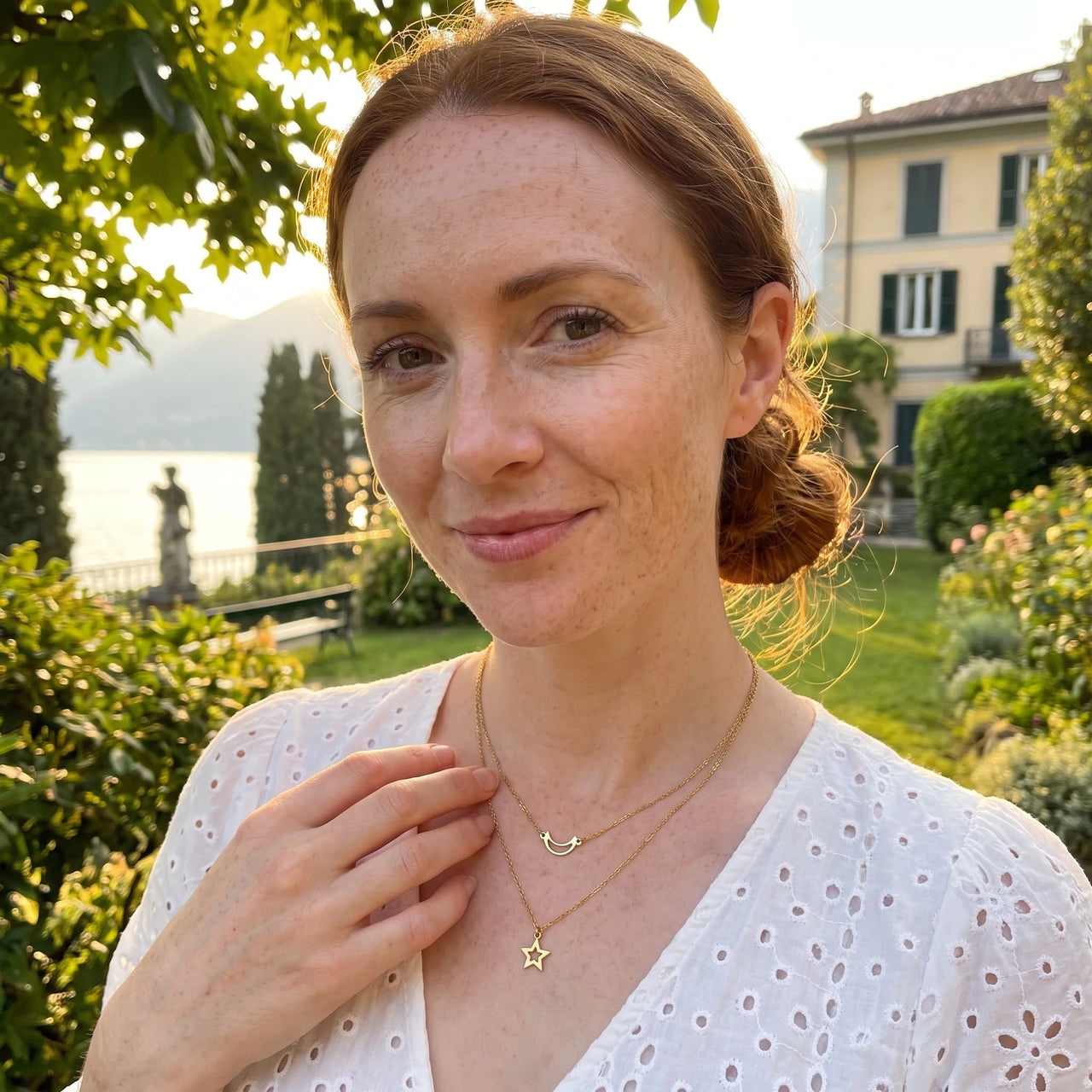 Crescent moon necklace — worn on a getaway, gold | SKU: letoile-g