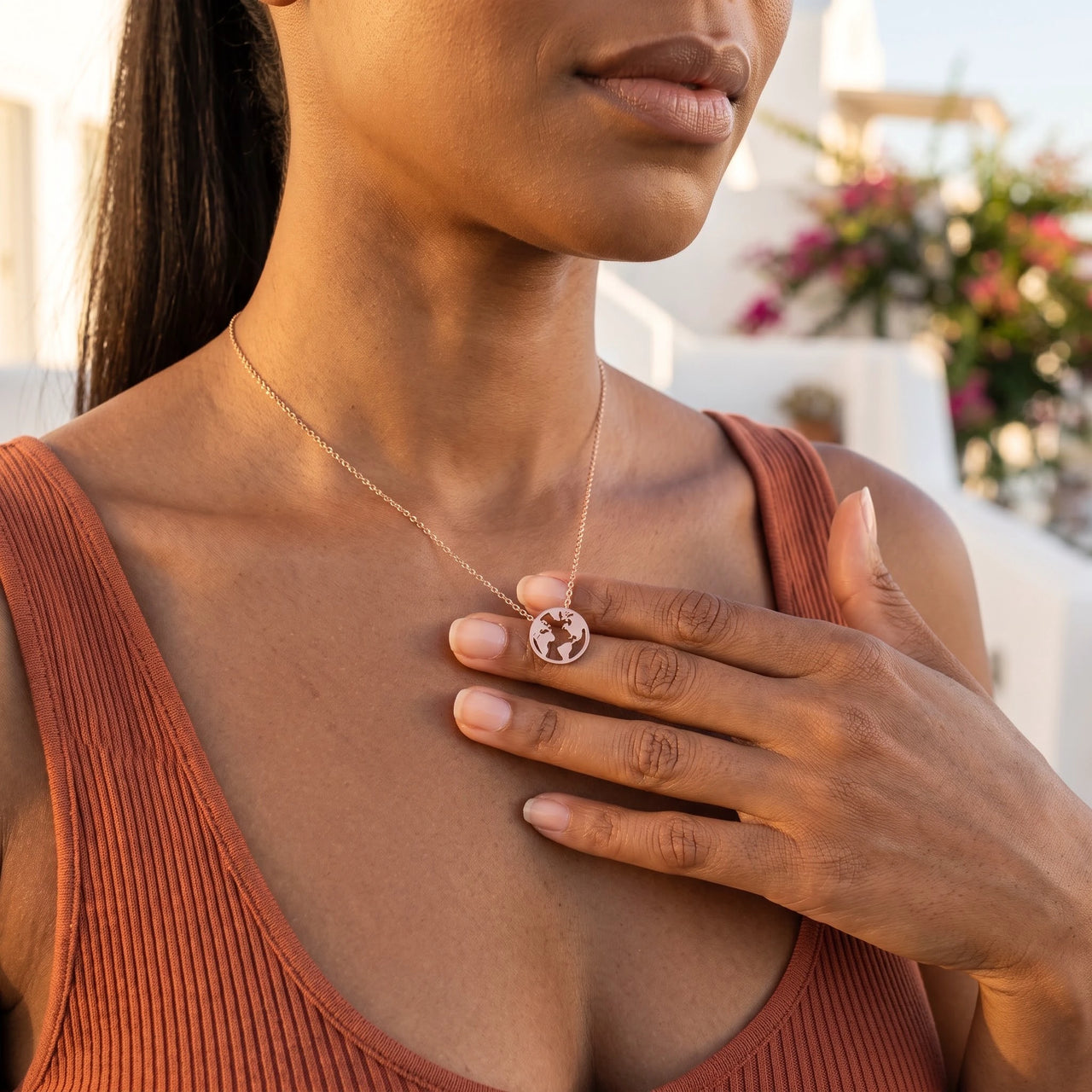 Earth necklace — worn, everyday gesture, rose gold | SKU: 22173453-rose-gold