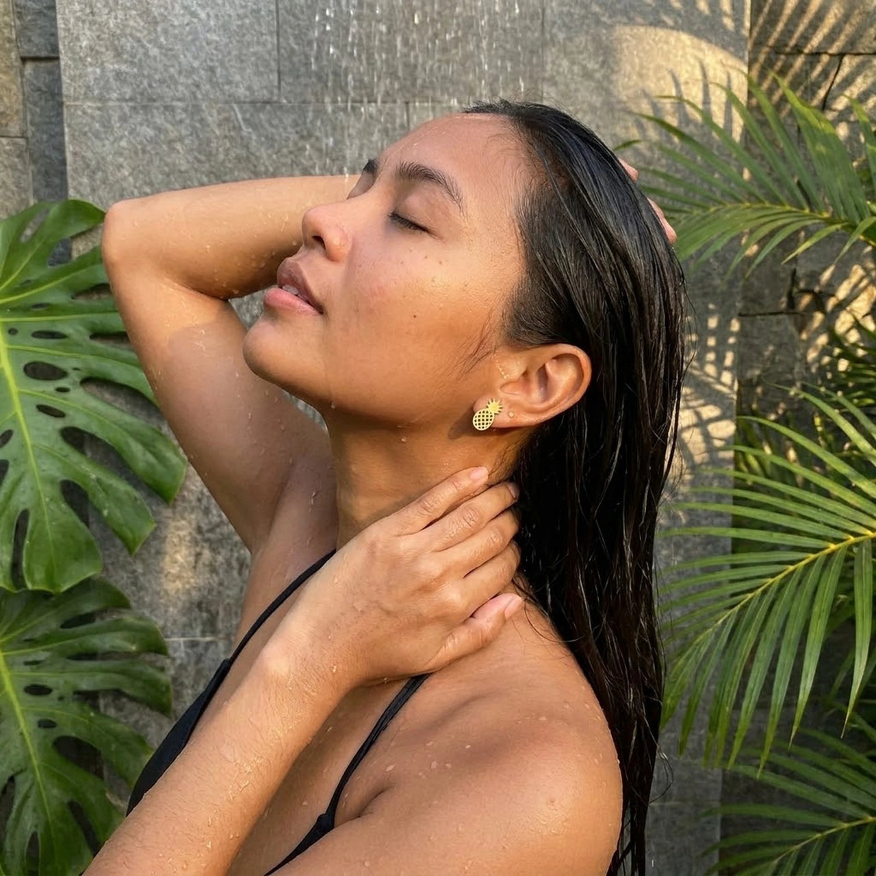 Pineapple earrings — worn in the shower, waterproof, gold | SKU: 437186-gold-color