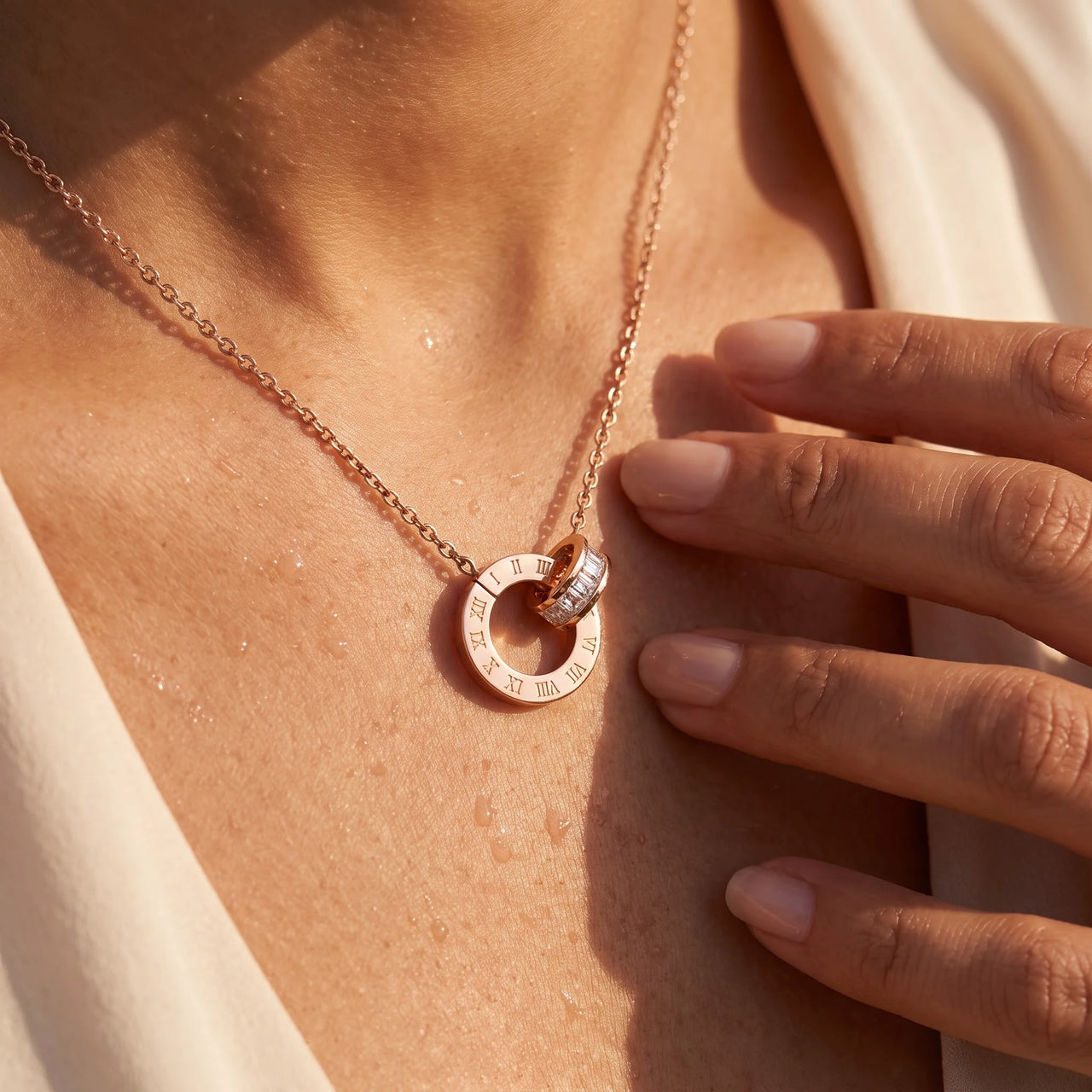 Roman numeral necklace — close-up of the details, rose gold | SKU: 25535378-rose-gold