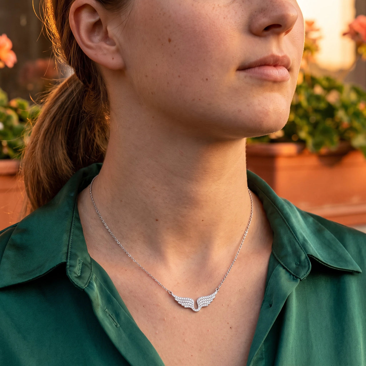 The silver necklace worn, close-up | SKU: 42002-silver