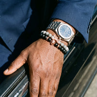 Thumbnail for Rose Gold Lion with Black & Grey Stones Set – worn next to a luxury watch | Brother & Sisters | SKU: 21369621-rose-gold-XS-14-15, 21369621-rose-gold-S-16-17, 21369621-rose-gold-M-18-19, 21369621-rose-gold-L-20-21, 21369621-rose-gold-XL-22-23