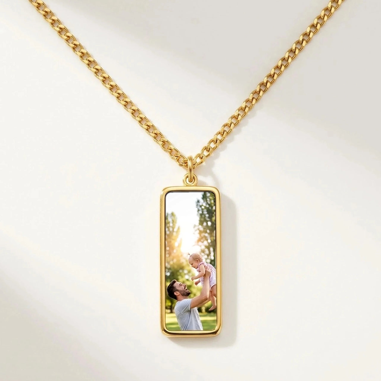 Secret Bar Photo Necklace in gold, black bar pendant turning into a hidden photo when warmed | SKU: TPH-BARN-GOLD