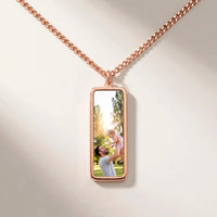 Thumbnail for Secret Bar Photo Necklace in rose gold, black bar pendant turning into a hidden photo when warmed | SKU: TPH-BARN-ROSEGOLD