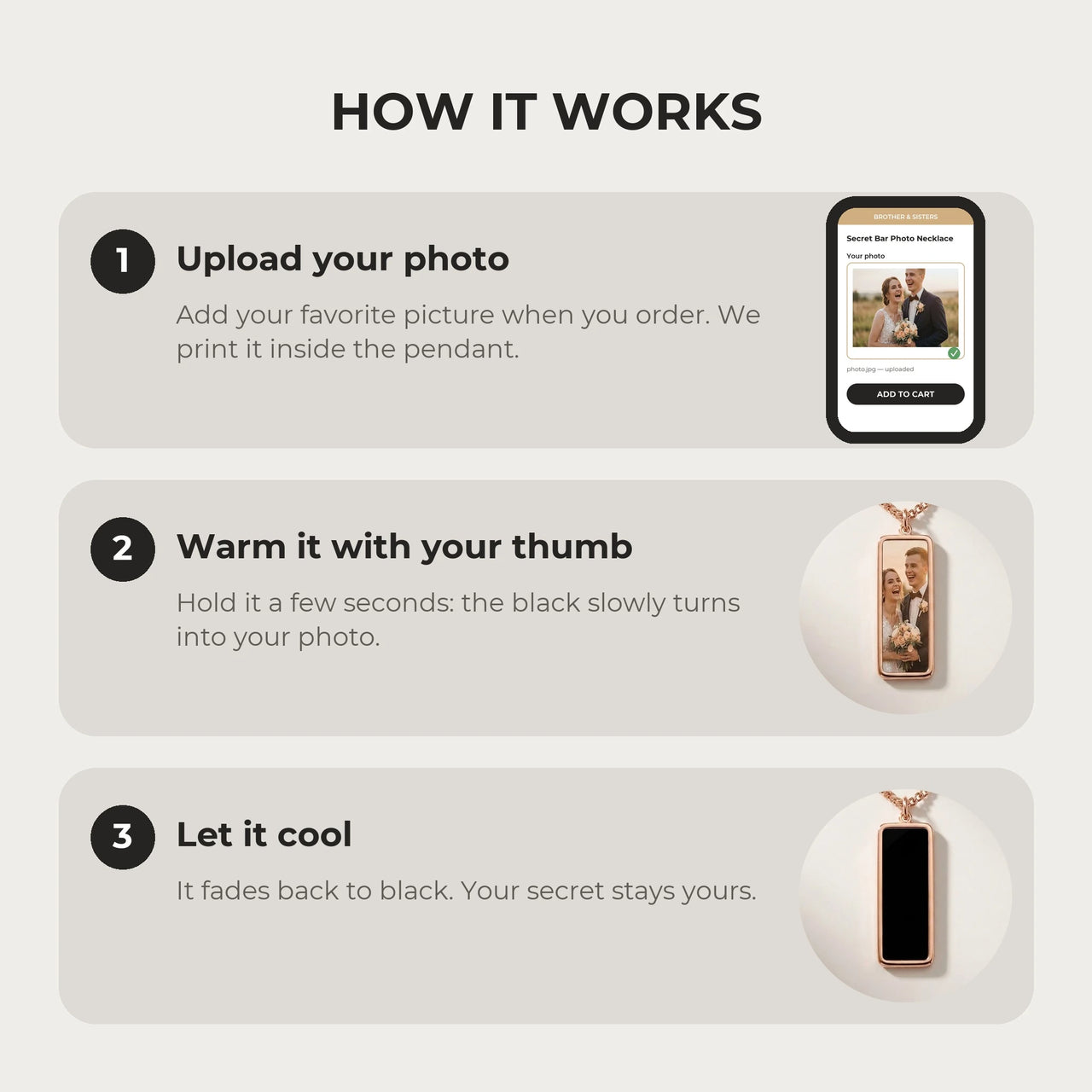 How it works: upload your photo, warm the pendant with your thumb, let it cool back to black | SKU: TPH-BARN-ROSEGOLD