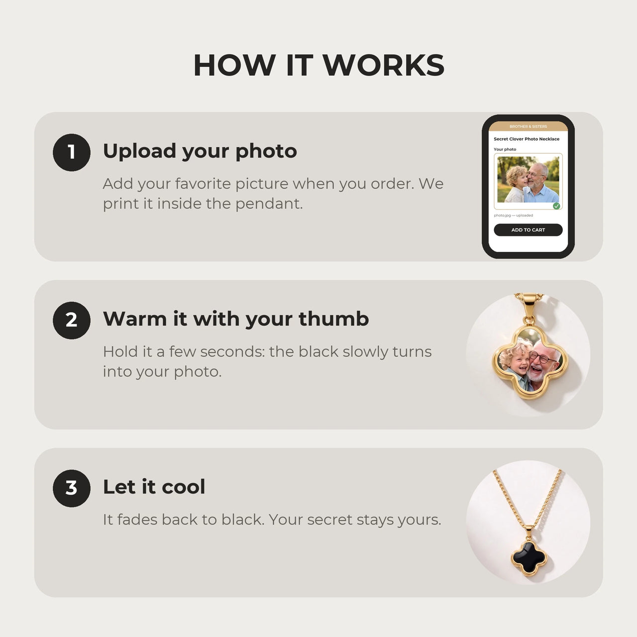 How it works: upload your photo, warm the clover pendant with your thumb, let it cool back to black | SKU: TPH-CLVN-GOLD