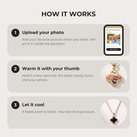 Thumbnail for How it works: upload your photo, warm the clover pendant with your thumb, let it cool back to black | SKU: TPH-CLVN-GOLD