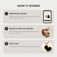 Thumbnail for How it works: upload your photo, warm the heart with your thumb, let it cool back to black | SKU: TPH-HRTN-GOLD