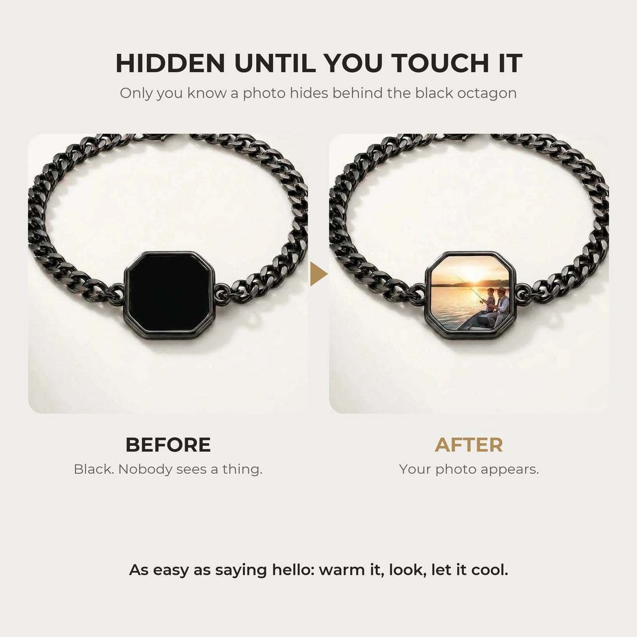 Before and after: black octagon charm on the black bracelet, then the photo revealed by warmth | SKU: TPH-OCTB-BLACK-18