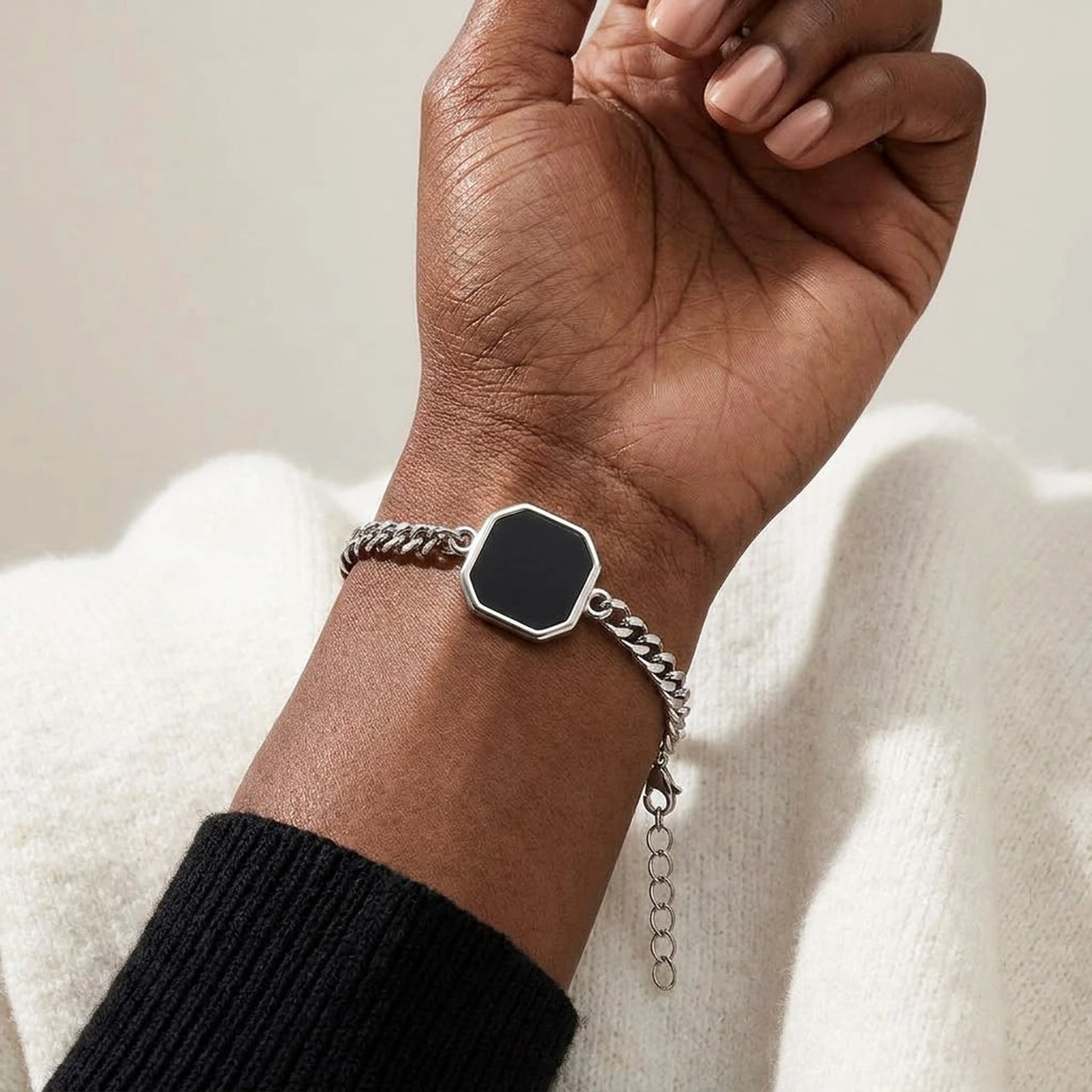 The silver octagon photo bracelet on the wrist, showing the lobster clasp and extension chain | SKU: TPH-OCTB-SILVER-18