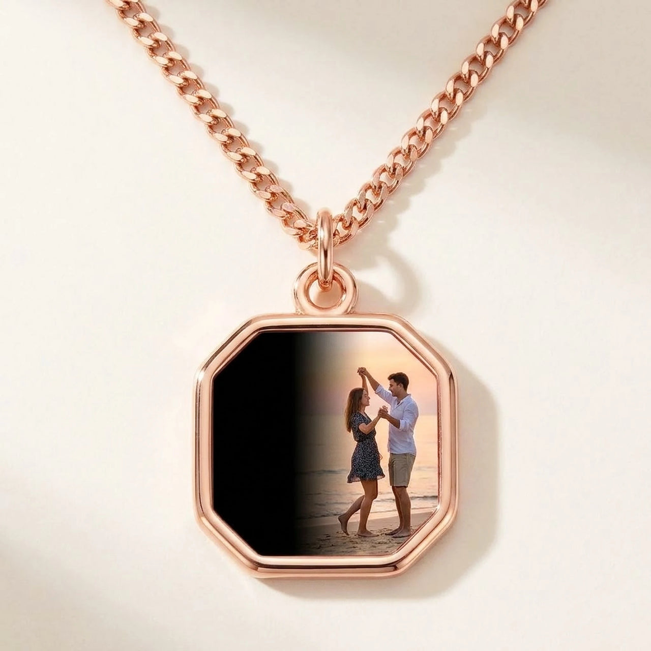 Secret Octagon Photo Necklace in rose gold, black octagon pendant turning into a hidden photo when warmed | SKU: TPH-OCTN-ROSEGOLD