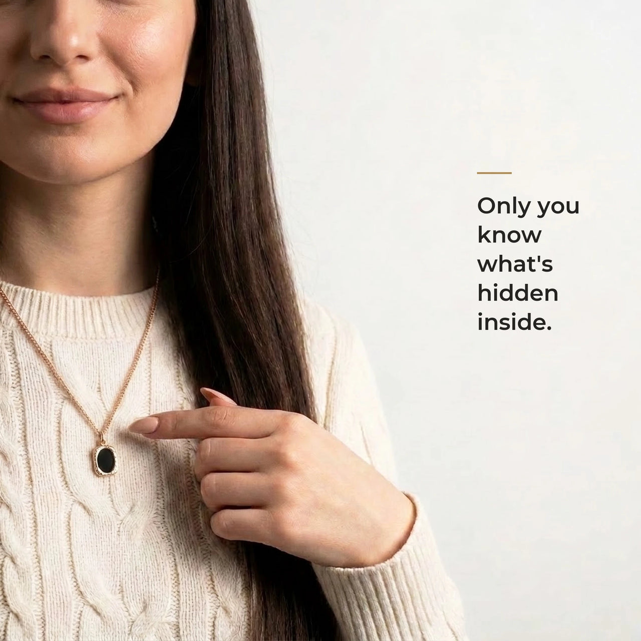 Woman wearing the black rose gold oval pendant, only she knows the photo inside | SKU: TPH-OVLN-ROSEGOLD
