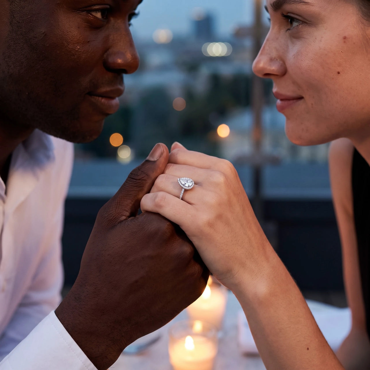 Pear shaped engagement ring — worn by a couple, silver | SKU: 505162-4.5-silver