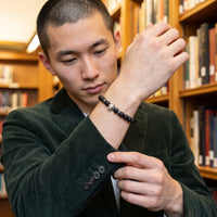 Thumbnail for White Gold Lion & Black Stones Bracelet – worn with a shirt cuff | Brother & Sisters | SKU: 20712286-silver-XS-14-15, 20712286-silver-S-16-17, 20712286-silver-M-18-19, 20712286-silver-L-20-21, 20712286-silver-XL-22-23