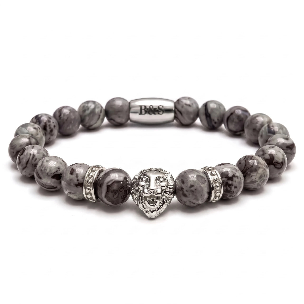 White Gold Lion & Grey Stones Bracelet – studio packshot | Brother & Sisters | SKU: 20866222-silver-XS-14-15, 20866222-silver-S-16-17, 20866222-silver-M-18-19, 20866222-silver-L-20-21, 20866222-silver-XL-22-23